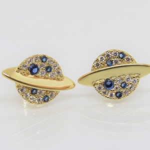 Vintage 14K Solid Yellow Gold Blue Sapphire & White Topaz Planet Earrings