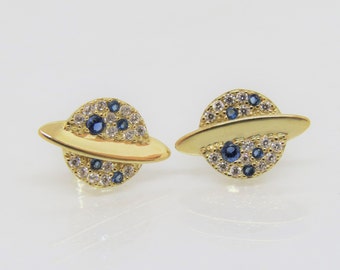 Vintage 14K Solid Yellow Gold Blue Sapphire & White Topaz Planet Earrings