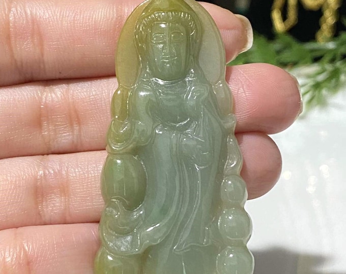 Vintage 14K Solid Yellow Gold Natural Green Jadeite Jade, White Topaz Kwan Yin Buddha Pendant Phat Ba Quan Am.