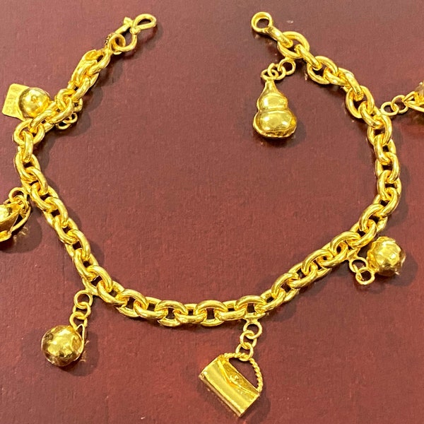 Vintage 23K 980 Pure Gold Rolo Charms Link Bracelet 7'' Length