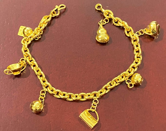 Vintage 23K 980 Pure Gold Rolo Charms Link Bracelet 7'' Length