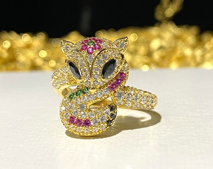 Vintage 18K Solid Yellow Gold Ruby, Emerald & White Topaz Black Sapphire Eye's FOX Ring Size 7