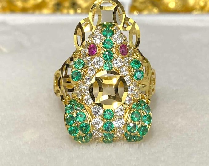 Vintage 15K 610 Solid Yellow Gold Emerald, Ruby & White Topaz Frog Ring Size 8