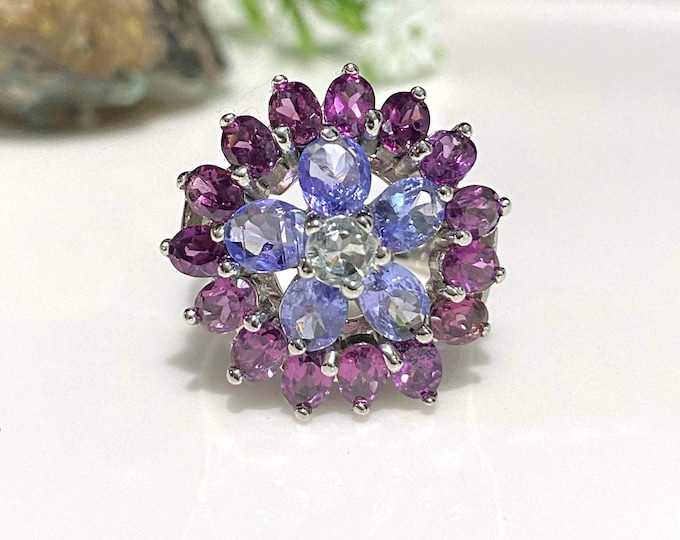Vintage Sterling Silver Natural Tanzanite, Aquamarine & Rhodolite Ring Size 7 3/4