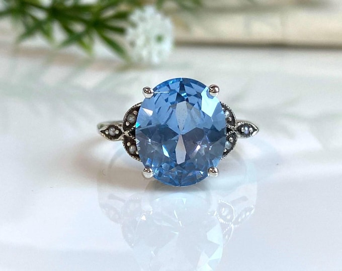 Vintage Sterling Silver Aquamarine & Seed Pearl Ring Size 6