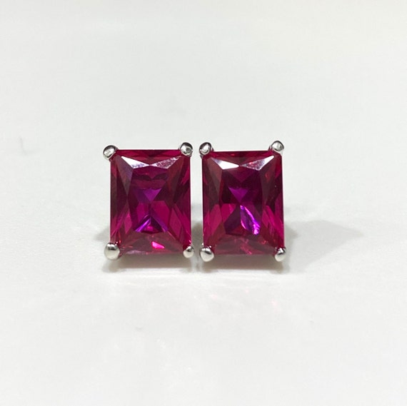 Vintage Sterling Silver Rectangular Ruby Earrings. - image 1