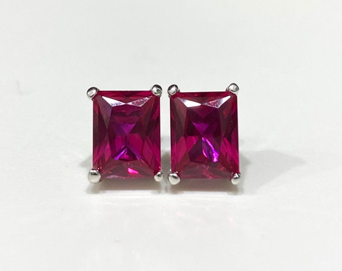 Vintage Sterling Silver Rectangular Ruby Earrings.