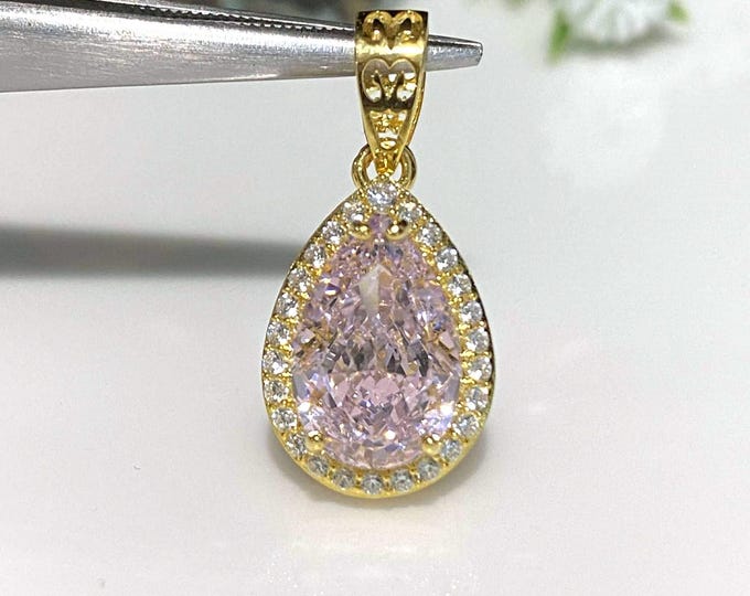 Vintage 15K 610 Solid Gold Pear cut Pink Sapphire & White Topaz Halo Pendant.