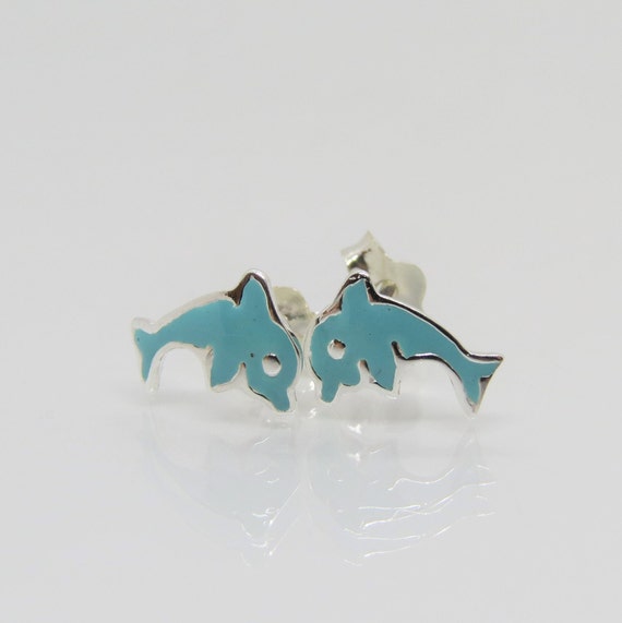 Vintage Sterling Silver Blue Enamel Dolphin Earri… - image 2