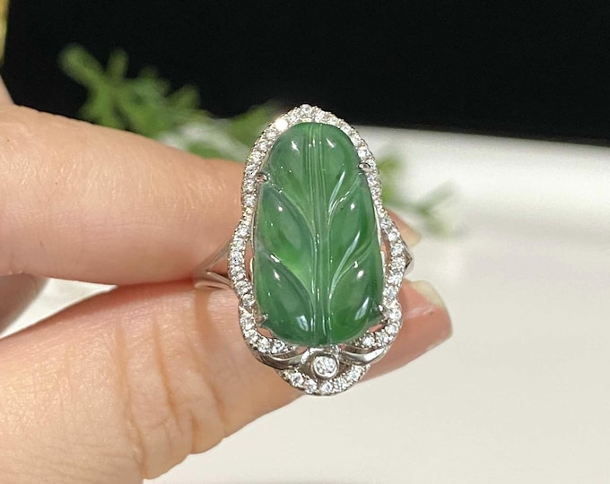 Vintage Sterling Silver Natural Green Jade, White Topaz Leaf Adjustable Ring Size 7.5