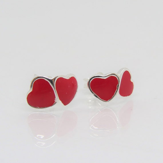 Vintage Sterling Silver Red Enamel Hearts Stud Ea… - image 4