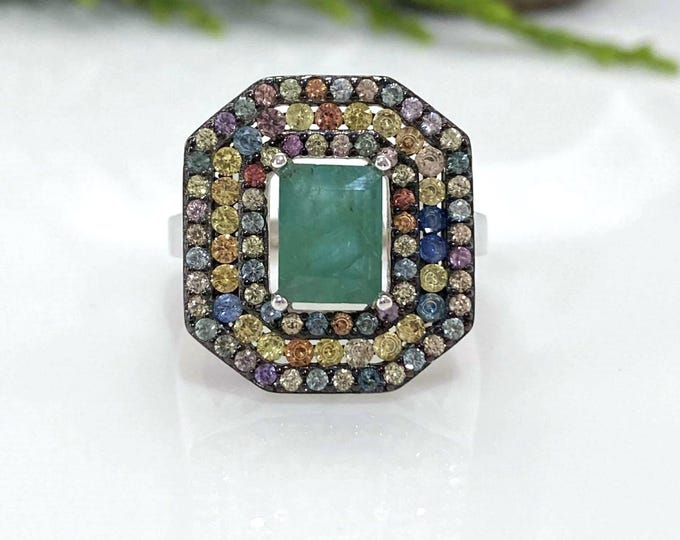 Vintage Sterling Silver 1.74cts Natural Emerald & Multi color Sapphire Ring Size 7