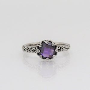 Vintage Sterling Silver Amethyst Carved Flower Ring Size 8