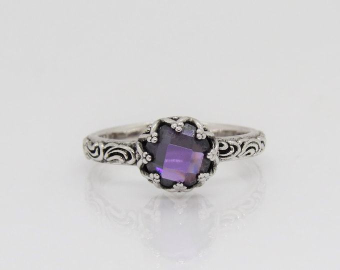 Vintage Sterling Silver Amethyst Carved Flower Ring Size 8