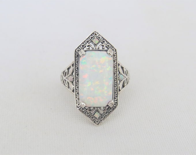 Vintage Sterling Silver White Opal Filigree Ring Size 8