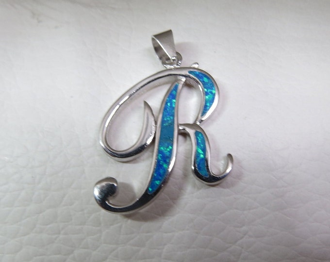 Sterling Silver Blue Opal Letter R Pendant.