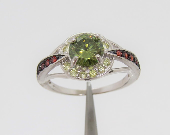 Vintage Sterling Silver Peridot & Garnet Cocktail Ring