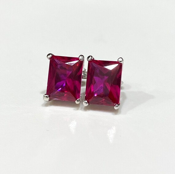Vintage Sterling Silver Rectangular Ruby Earrings. - image 2