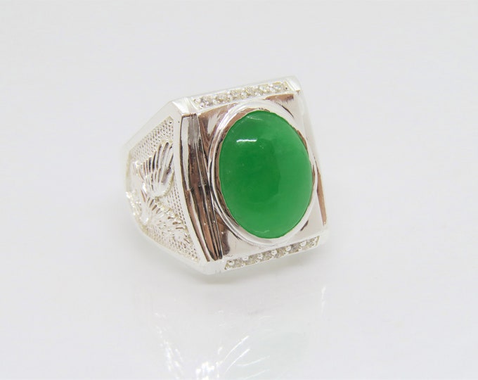 Vintage Sterling Silver Oval Green Jade & White Topaz Eagle Men's Ring Size 8.5