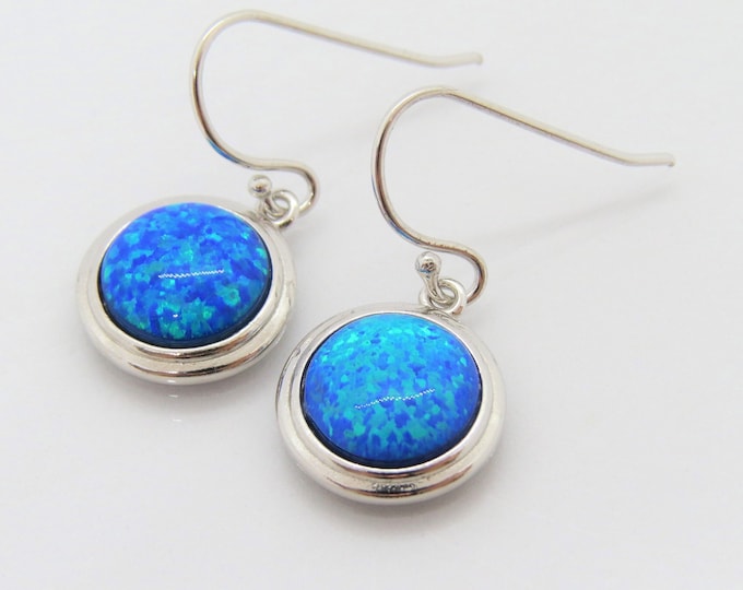 Vintage Sterling Silver Round cut Blue Opal Dangle Earrings