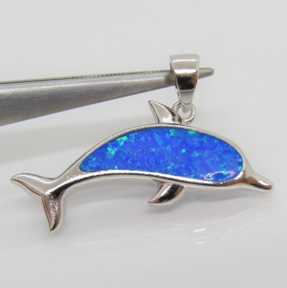 Vintage Sterling Silver Blue Opal Dolphin Pendant - image 1