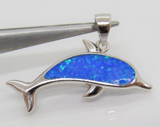 Vintage Sterling Silver Blue Opal Dolphin Pendant