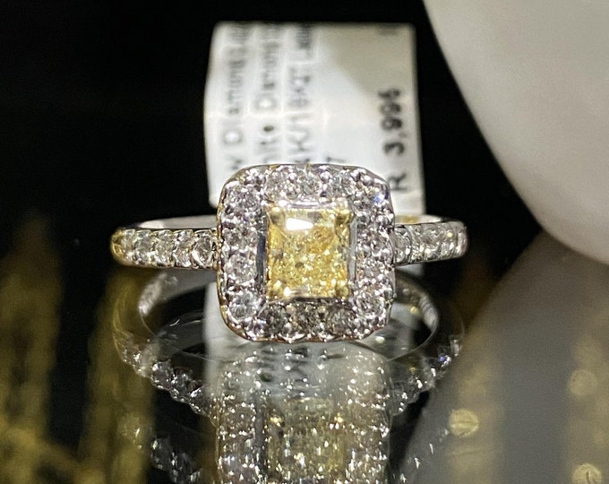 14K 18K Solid White Gold 0.75ct Fancy Yellow Diamond & Diamond Ring Size 7