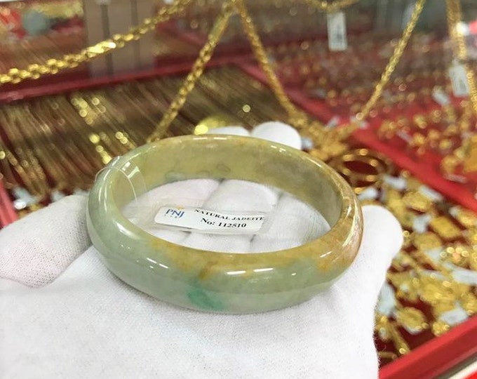 Translucent Natural Honey Orange, Green Jadeite Jade Vintage Bangle Bracelet 58.1MM