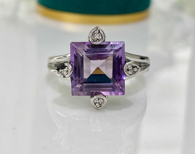 Vintage Sterling Silver Gemstone Ring Amethyst & White Topaz- Size 7