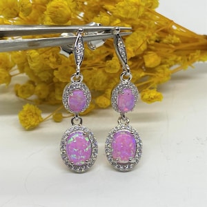 Vintage Sterling Silver Oval cut Pink Opal & White Topaz Drop Earrings.