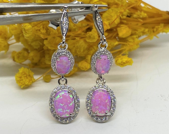 Vintage Sterling Silver Oval cut Pink Opal & White Topaz Drop Earrings.