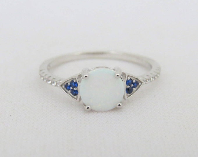 Vintage Sterling Silver White Opal, Blue Sapphire & White Topaz Ring Size 7