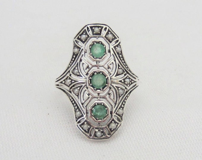 Vintage Sterling Silver Natural Emerald & Seed Pearl Filigree Long Ring Size 8
