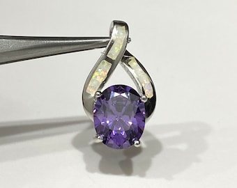 Vintage Sterling Silver Oval Amethyst & White Opal Pendant.