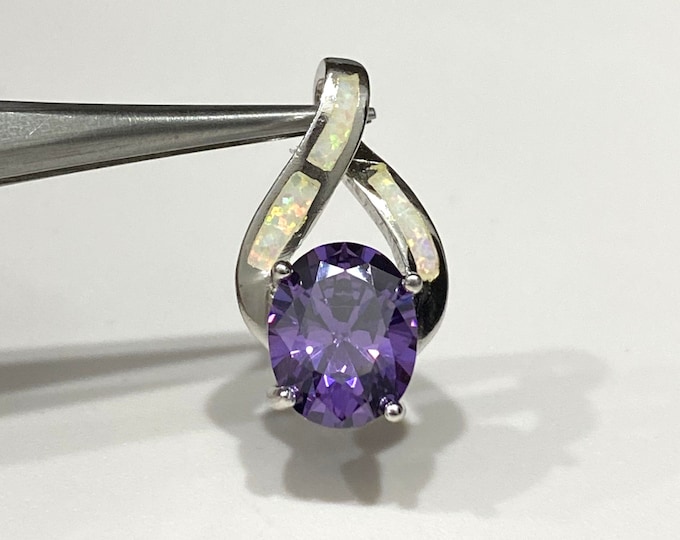 Vintage Sterling Silver Oval Amethyst & White Opal Pendant.