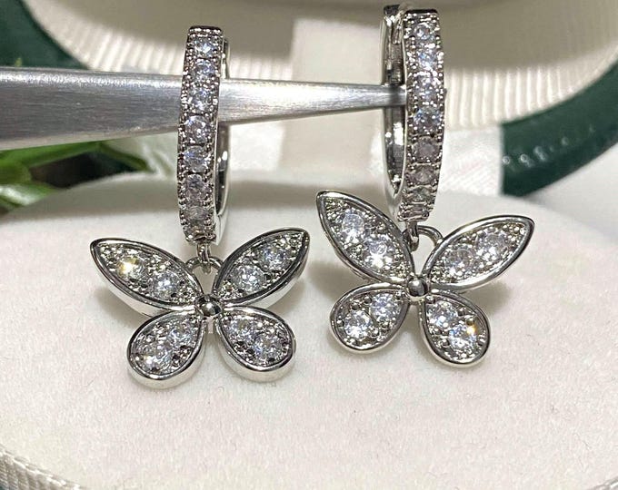 Vintage Sterling Silver White Topaz Butterfly Earrings.