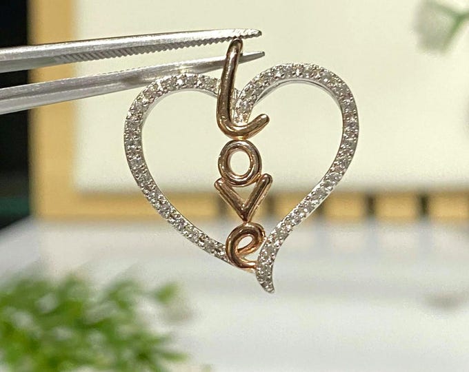 Vintage Sterling Silver Rose Gold Plate White Topaz LOVE Heart Pendant.