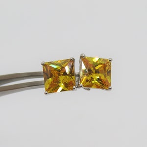 Vintage Sterling Silver Square cut Citrine Stud Earrings 8MM