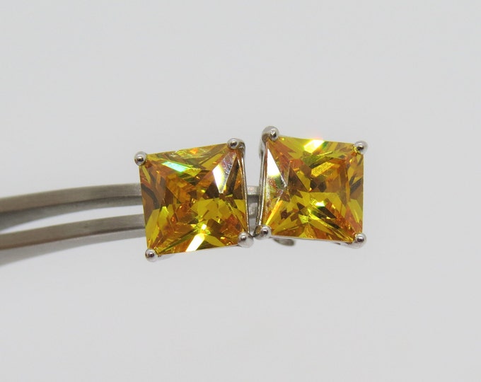 Vintage Sterling Silver Square cut Citrine Stud Earrings 8MM