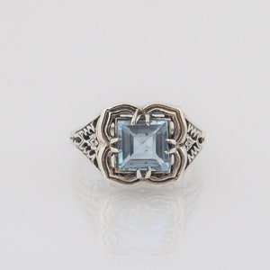 Vintage Sterling Silver Princess cut Aquamarine Filigree Ring Size 7