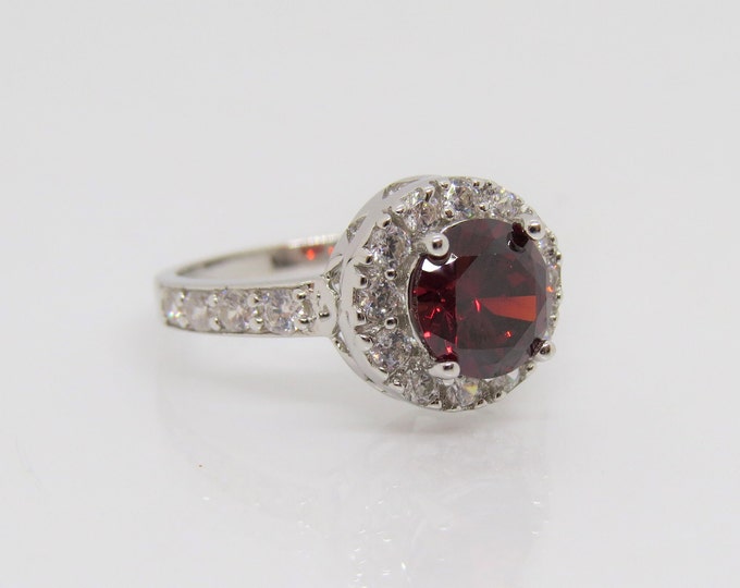 Vintage Sterling Silver Fire Garnet, White Topaz Engagement Ring Size 6