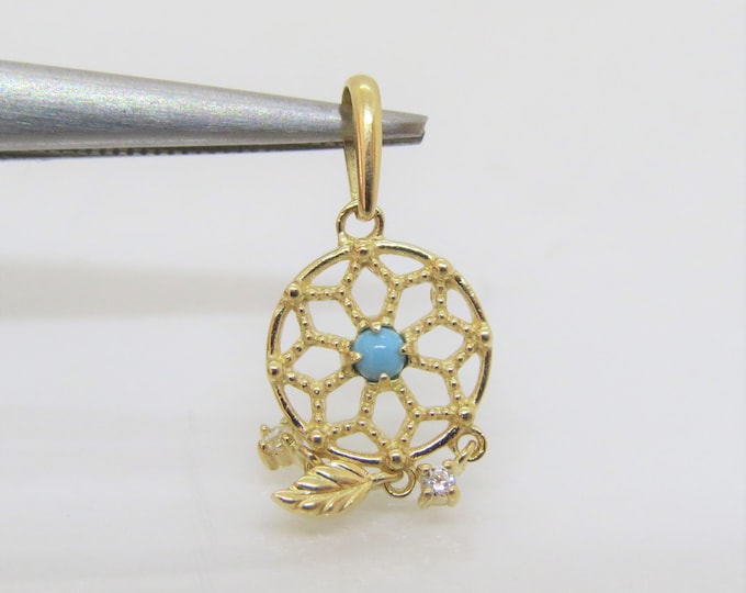 Vintage 14K Solid Yellow Gold Dreamcatcher Turquoise & White Topaz Tiny Pendant
