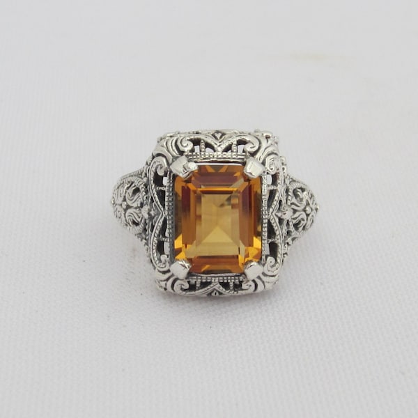 Vintage Sterling Silver Emerald cut Citrine Filigree Ring Size 7