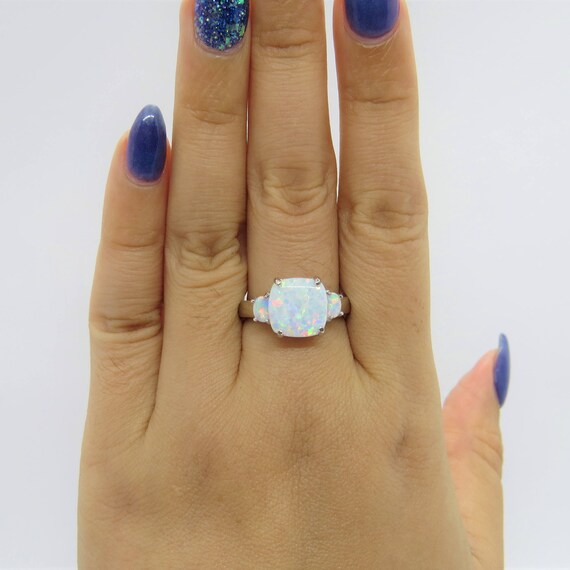 Vintage Sterling Silver White Opal Three stone Ri… - image 6