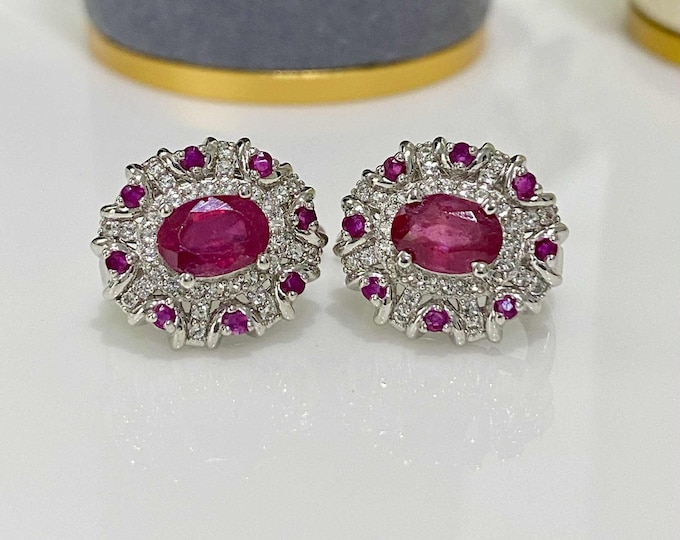 Vintage Sterling Silver Natural Oval Cut Ruby & White Topaz Earrings.