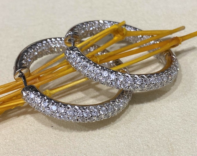 Vintage 18K Solid White Gold 5ct Diamond Inside Out Hoop Earrings 31MM