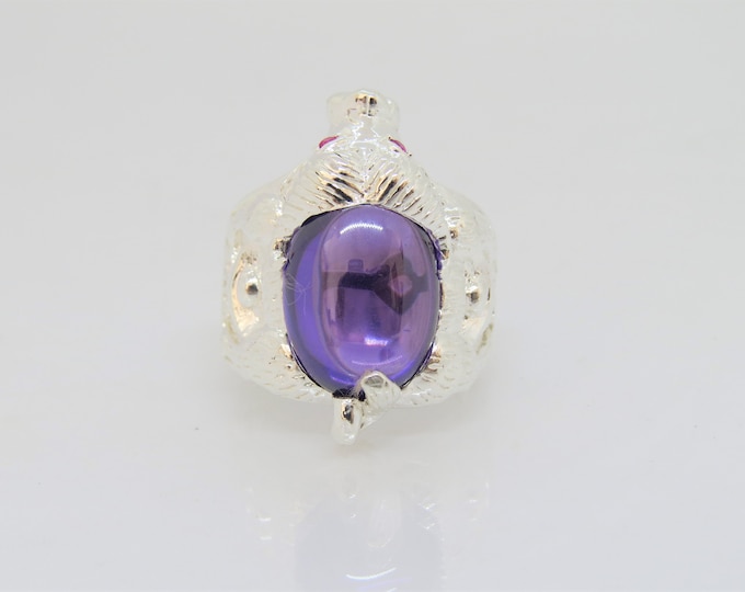 Vintage Sterling Silver Amethyst Cabochon & Ruby OX Ring Size 9