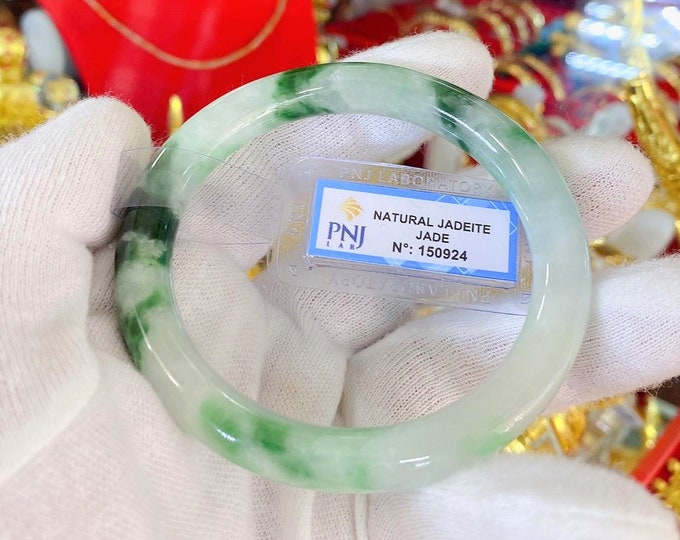 Translucent Natural Green, White & Black Jadeite Jade Vintage Bangle Bracelet 57MM