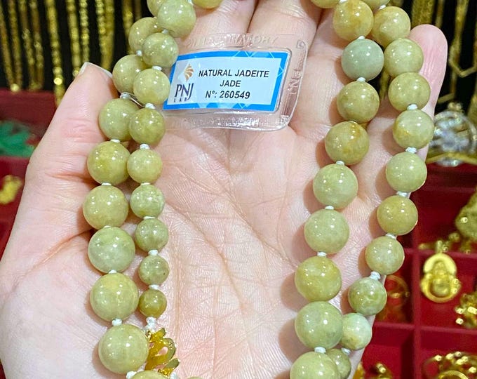 Vintage 14K Yellow Gold Translucent Natural Green, Honey Yellow Jadeite Jade Bead Necklace 24''