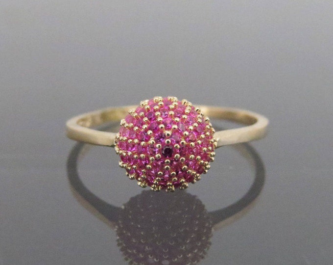Vintage 18K Solid Yellow Gold Ruby Ball Pave Ring Size 6.25